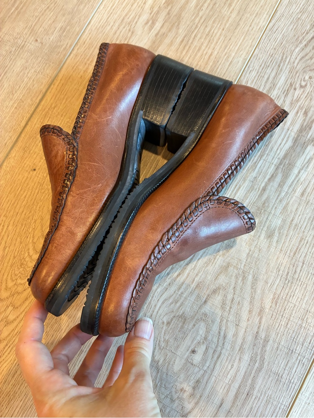 Cole Haan Brown Leather Slip-On Loafers block heel whipstitch detail 8 fall - Picture 3 of 7